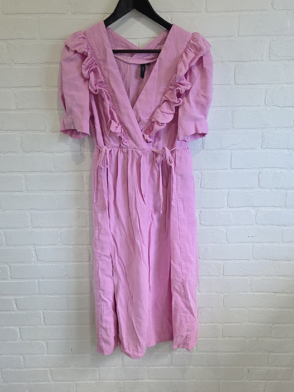 Y•A•S Wrap-Style Midi Dress with Ruffle Trim in Light Pink